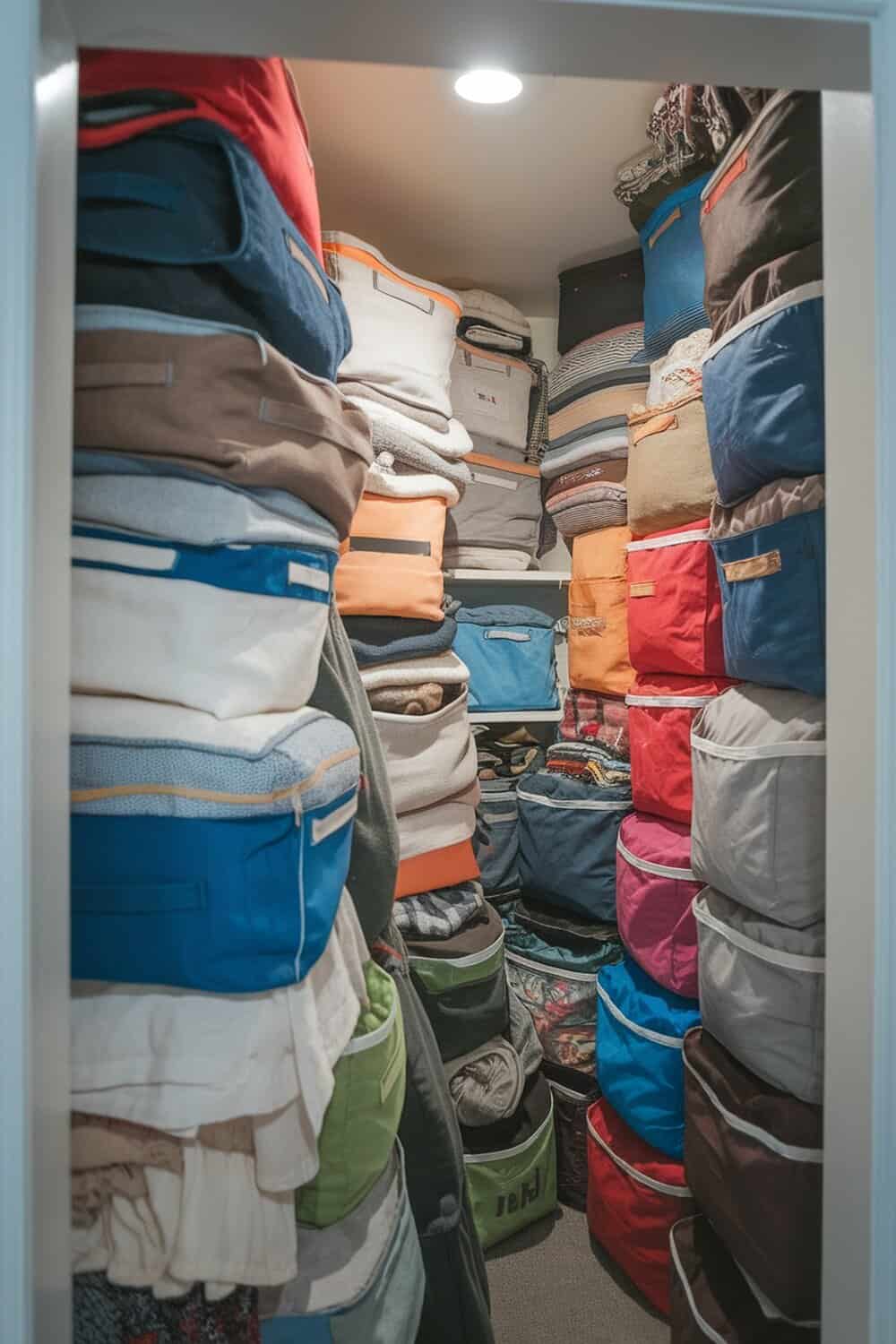 A closet filled with colorful fabric storage bags neatly organizing clothing.