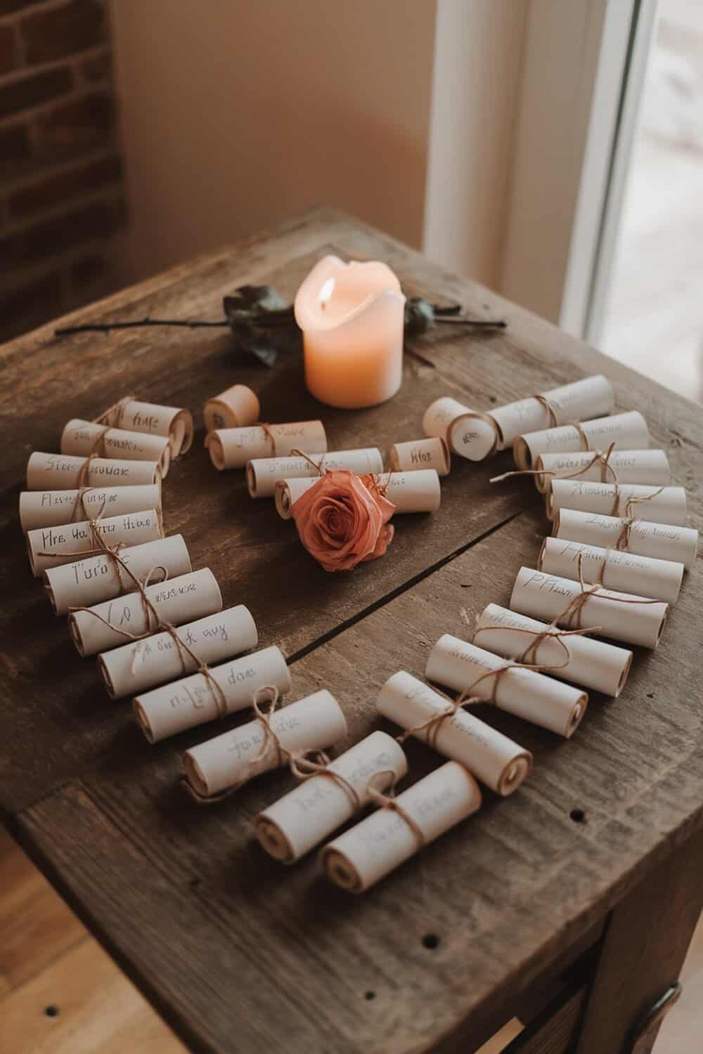 A heart-shaped arrangement of rolled love letters with a candle and a rose.