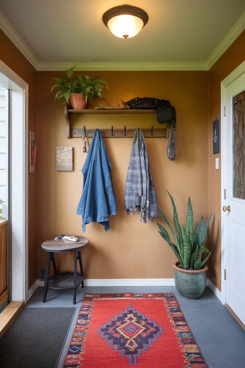 An inviting entryway featuring a colorful rug, plants, and hooks for coats.