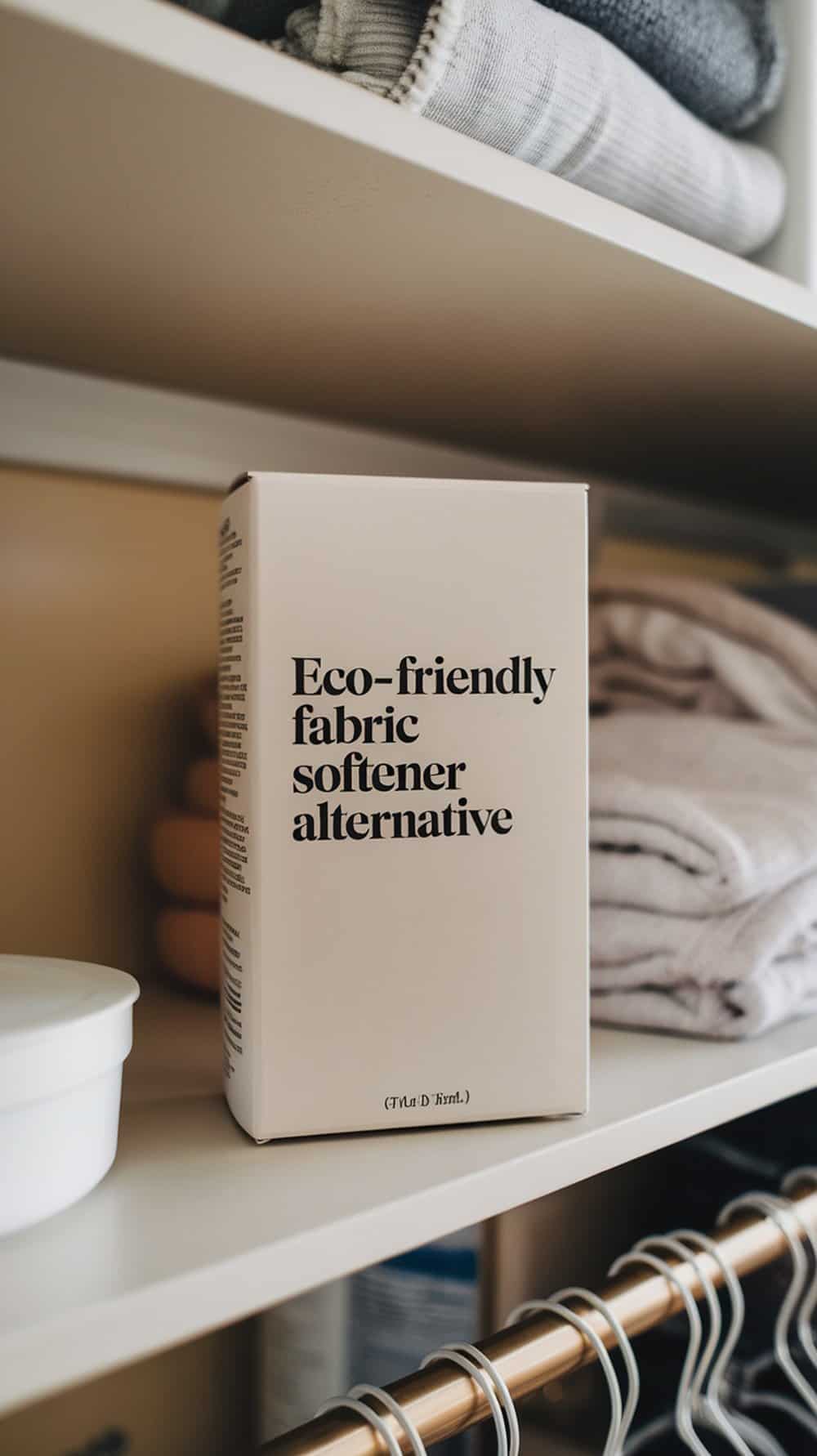 Eco-friendly fabric softener alternative on a shelf with neatly folded clothes.