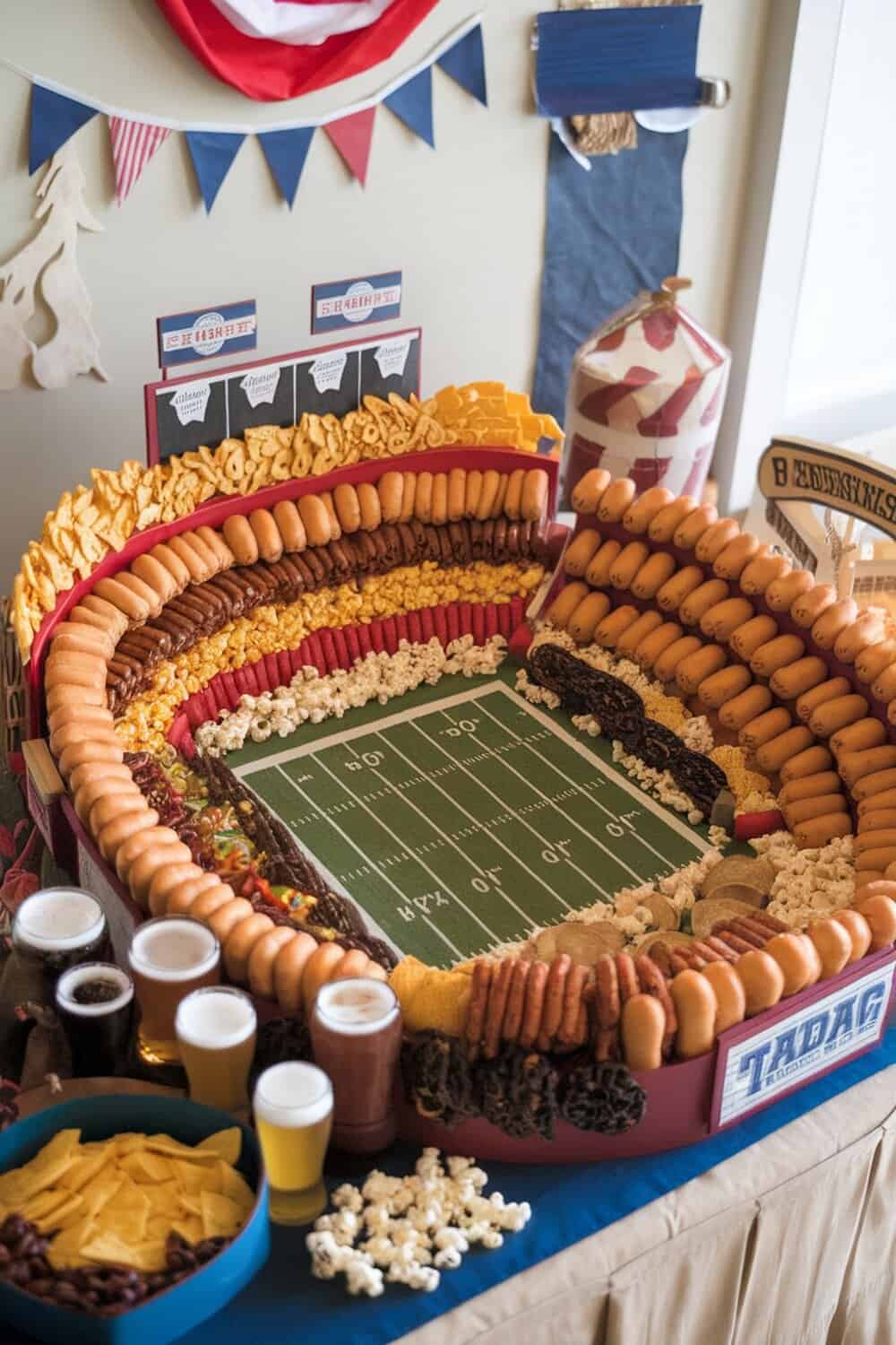 A creative snack stadium made with various snacks arranged like a football field.