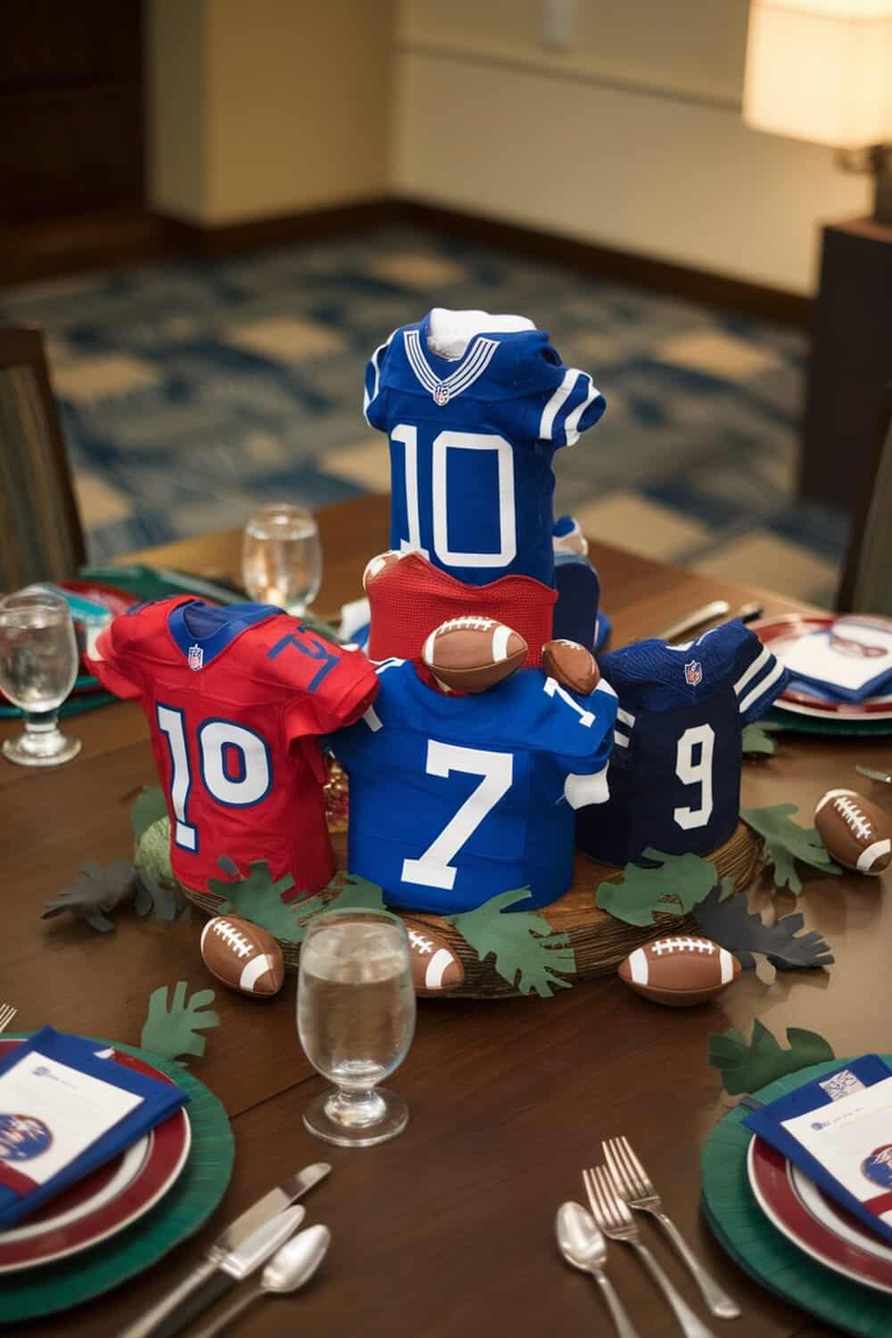 Table centerpieces made from upcycled jerseys for a Super Bowl party.