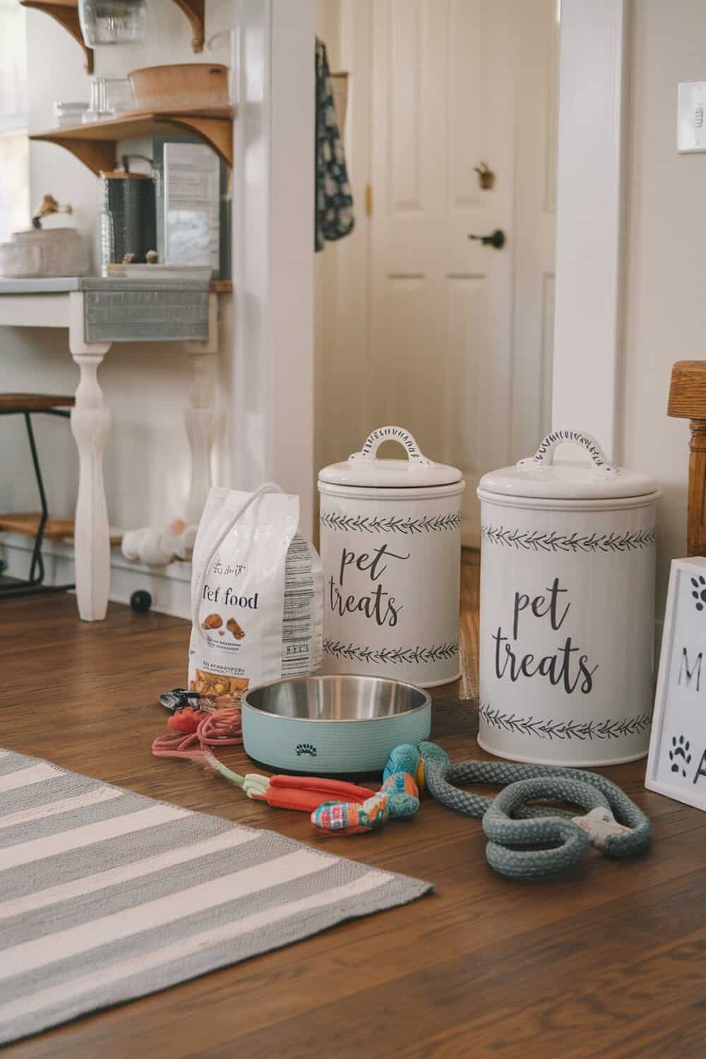 Stylish canisters labeled 'pet treats' on a wooden floor with pet supplies.
