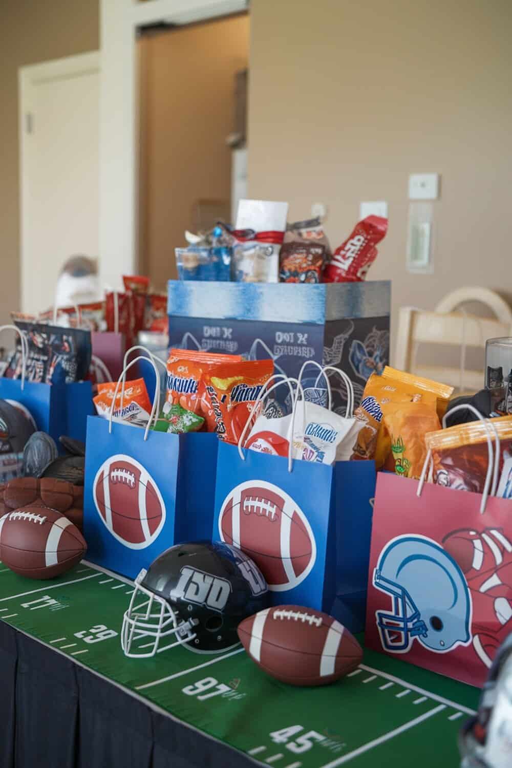 Colorful football themed gift bags filled with snacks and mini footballs on a table.