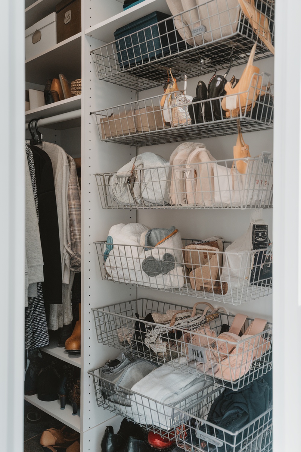 A closet with pull-out baskets filled with clothes and accessories.