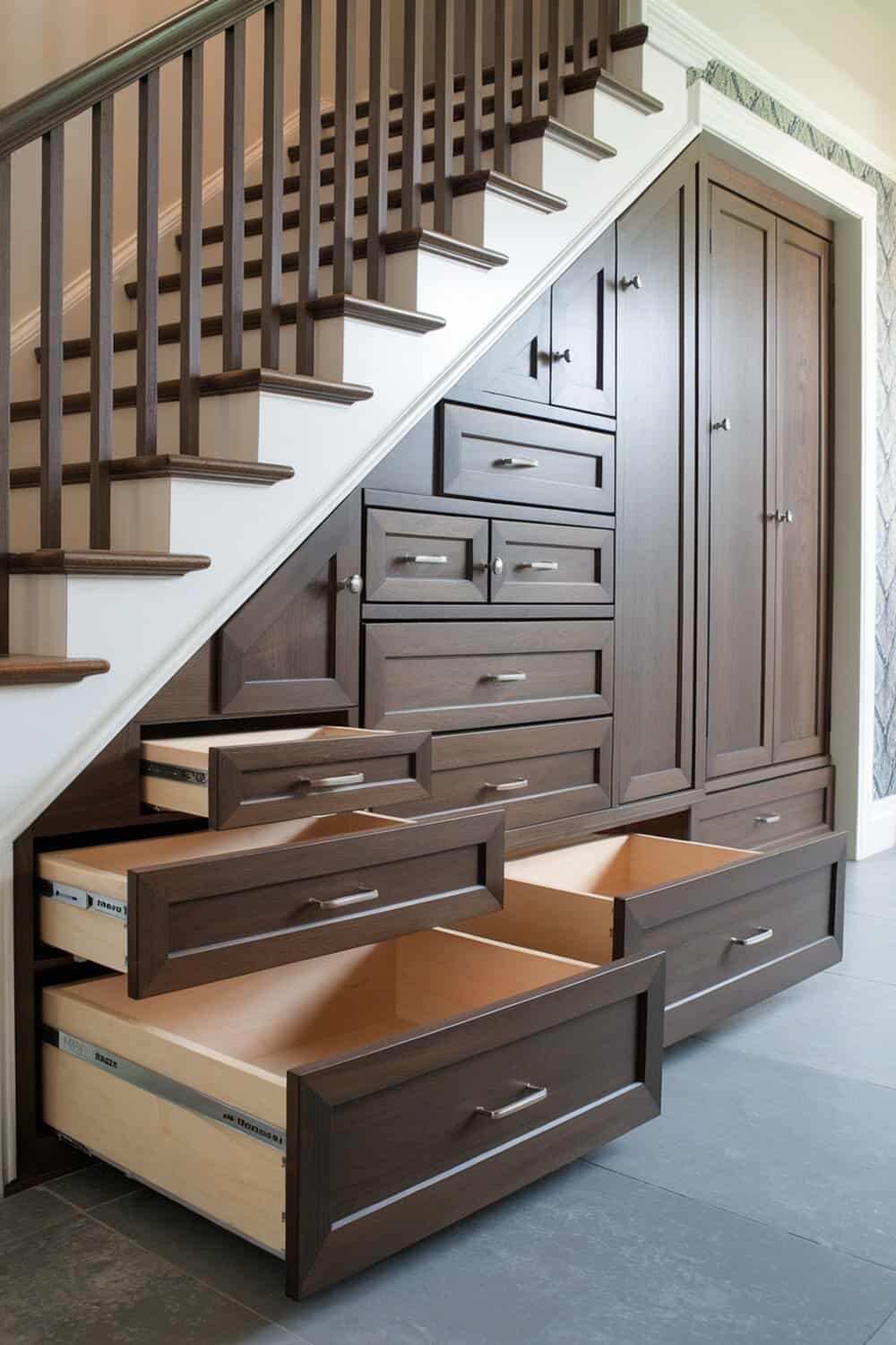 Stylish under-stair storage drawers with multiple compartments.