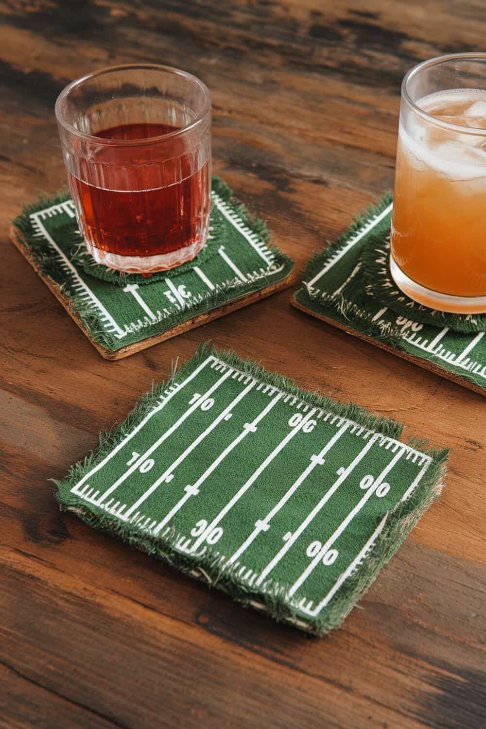 Green turf coasters with football field markings on a wooden table