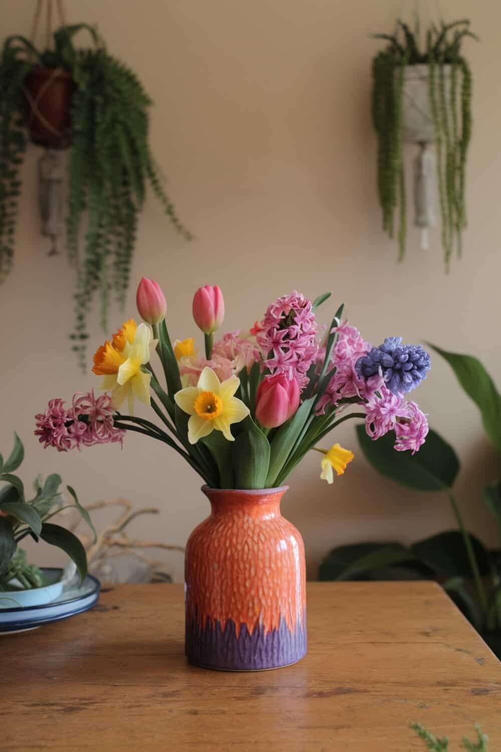 A colorful vase filled with tulips, daffodils, and hyacinths on a wooden table.