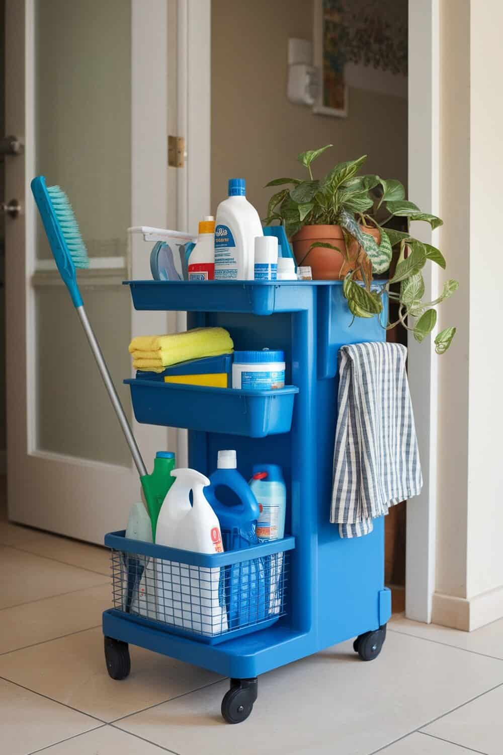 A blue mobile cleaning cart filled with cleaning supplies, towels, and a plant.