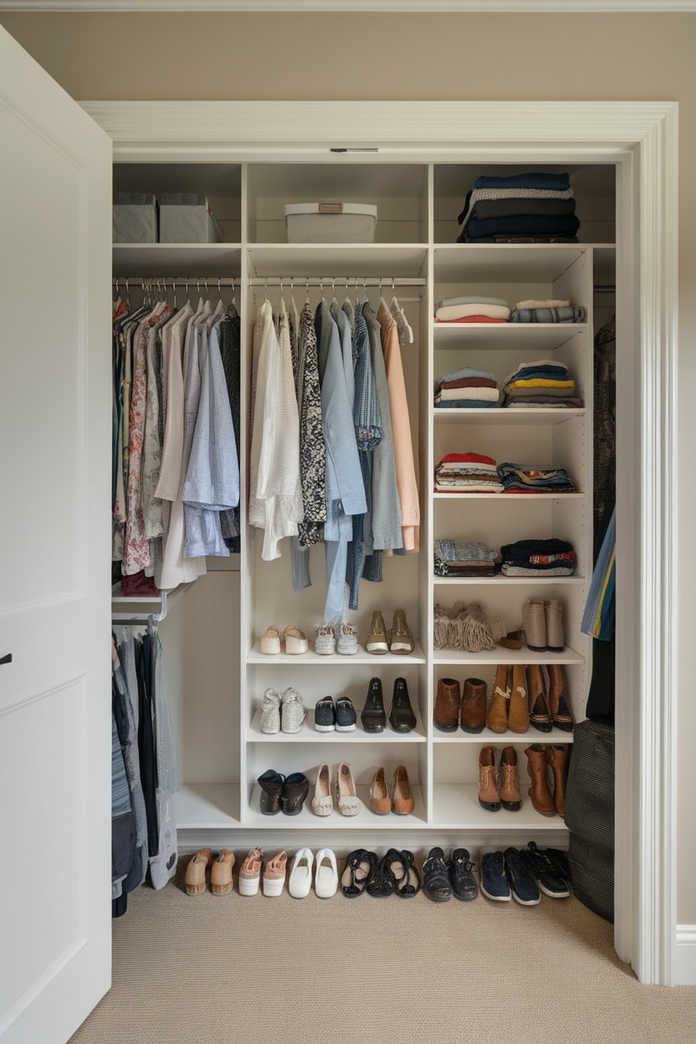 A neatly organized closet with built-in shelving, displaying clothes and shoes.