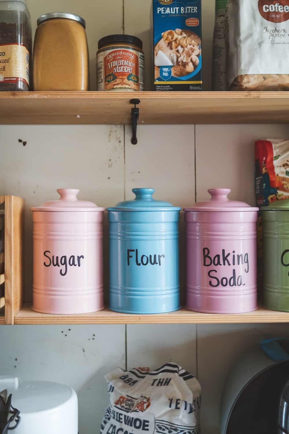 Color-coded canisters labeled for sugar, flour, and baking soda on a wooden shelf.