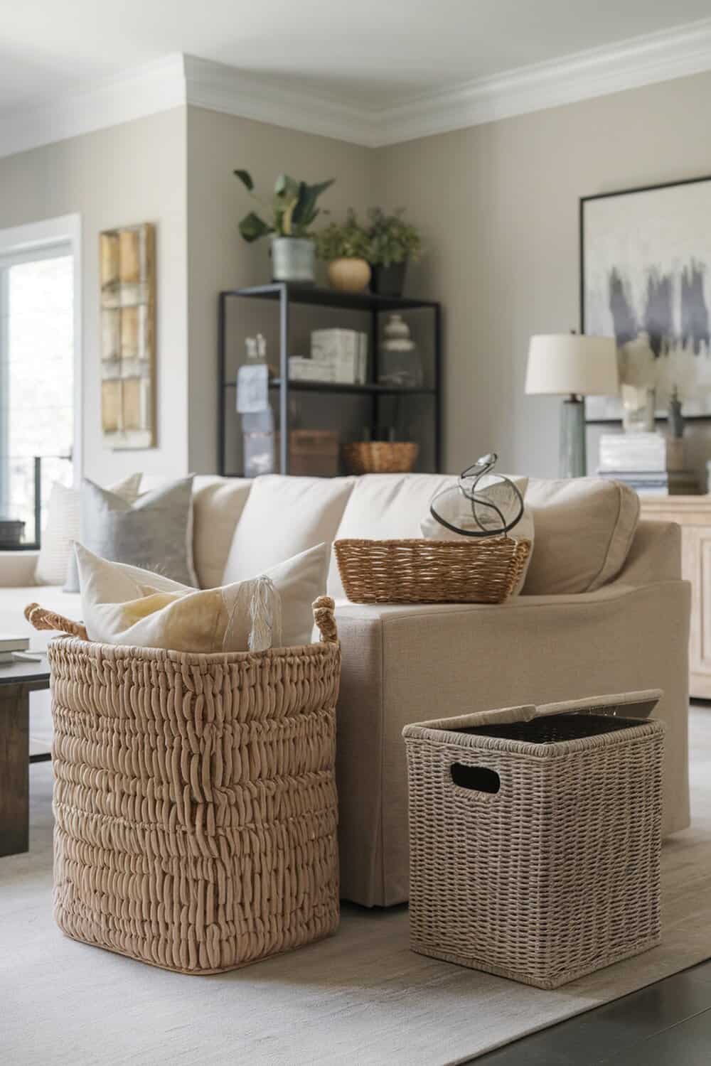A cozy living room with woven baskets for storage.