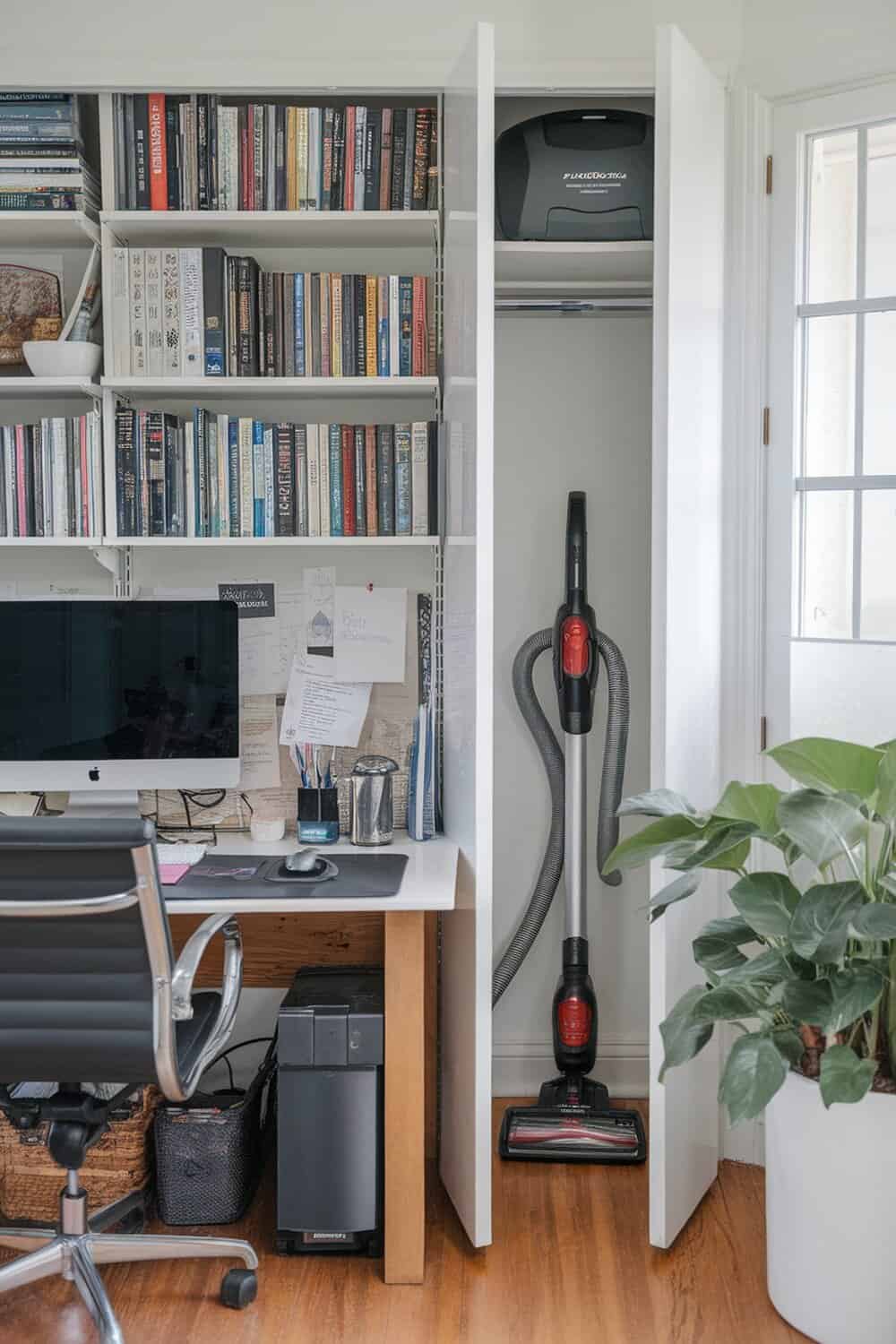 A vacuum cleaner stored in a closet next to a desk in a home office.