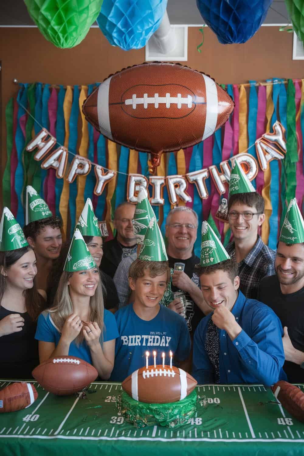 Group of people wearing football-themed party hats at a celebration.