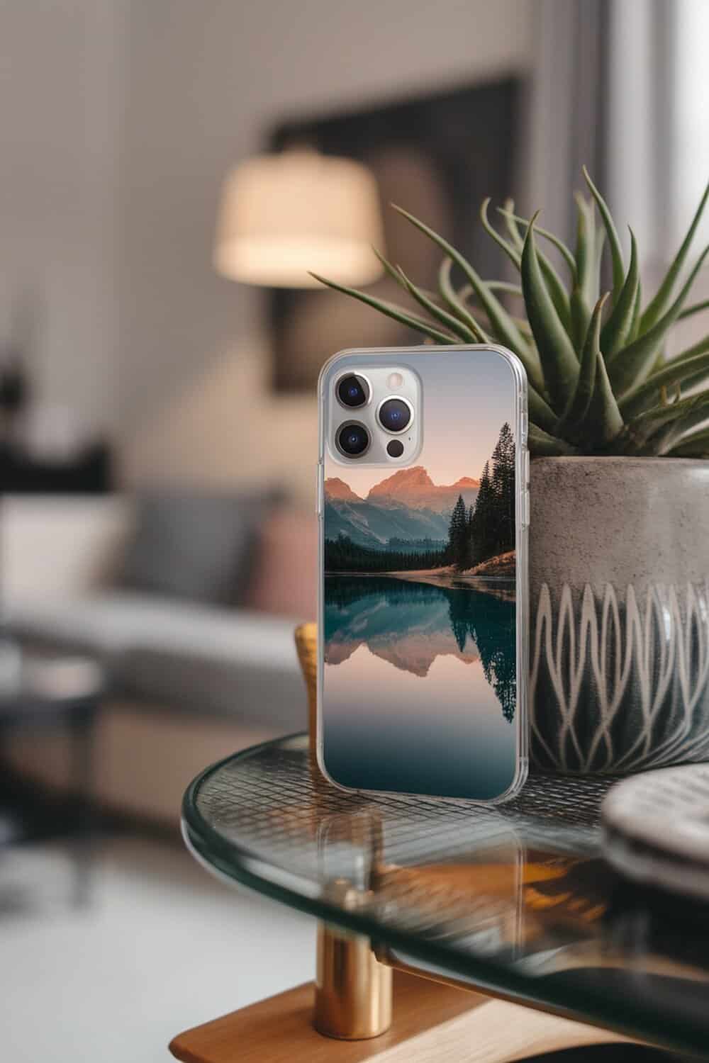A personalized phone case featuring a scenic mountain and lake design.