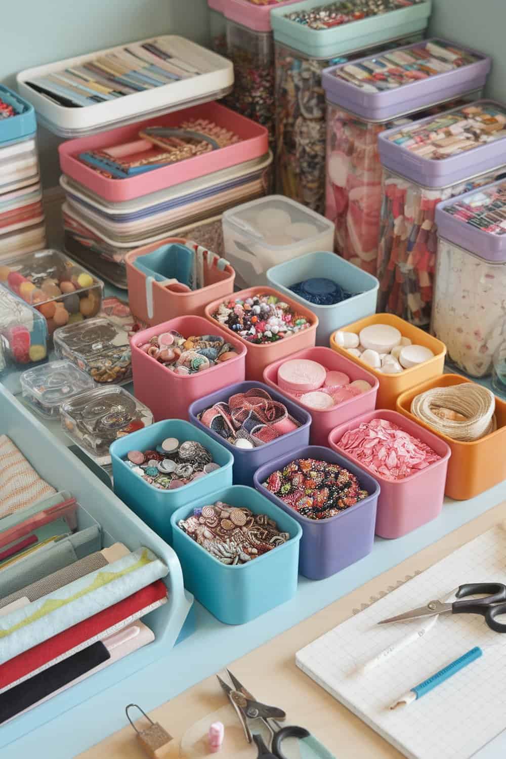 Colorful canisters filled with craft supplies, neatly organized on a table.