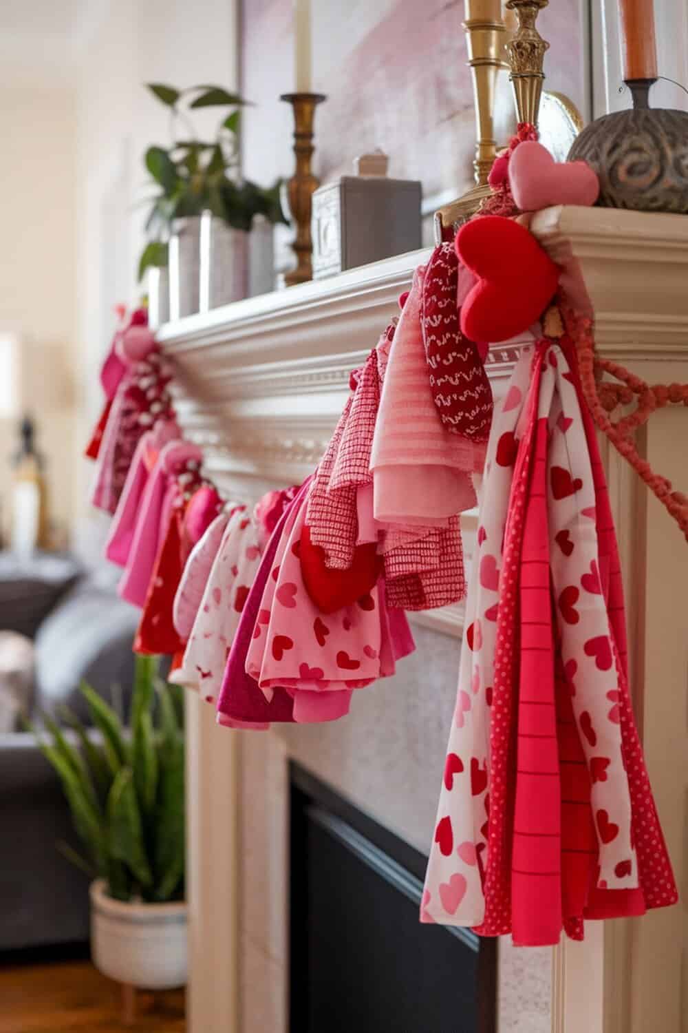 A colorful fabric garland with hearts, hanging on a mantel.