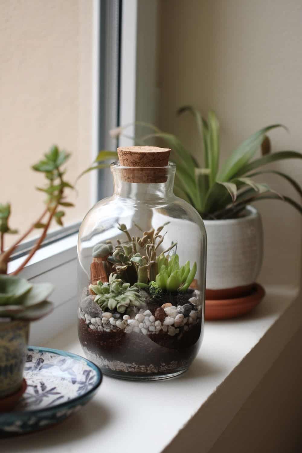 A glass terrarium filled with various succulents and decorative stones.