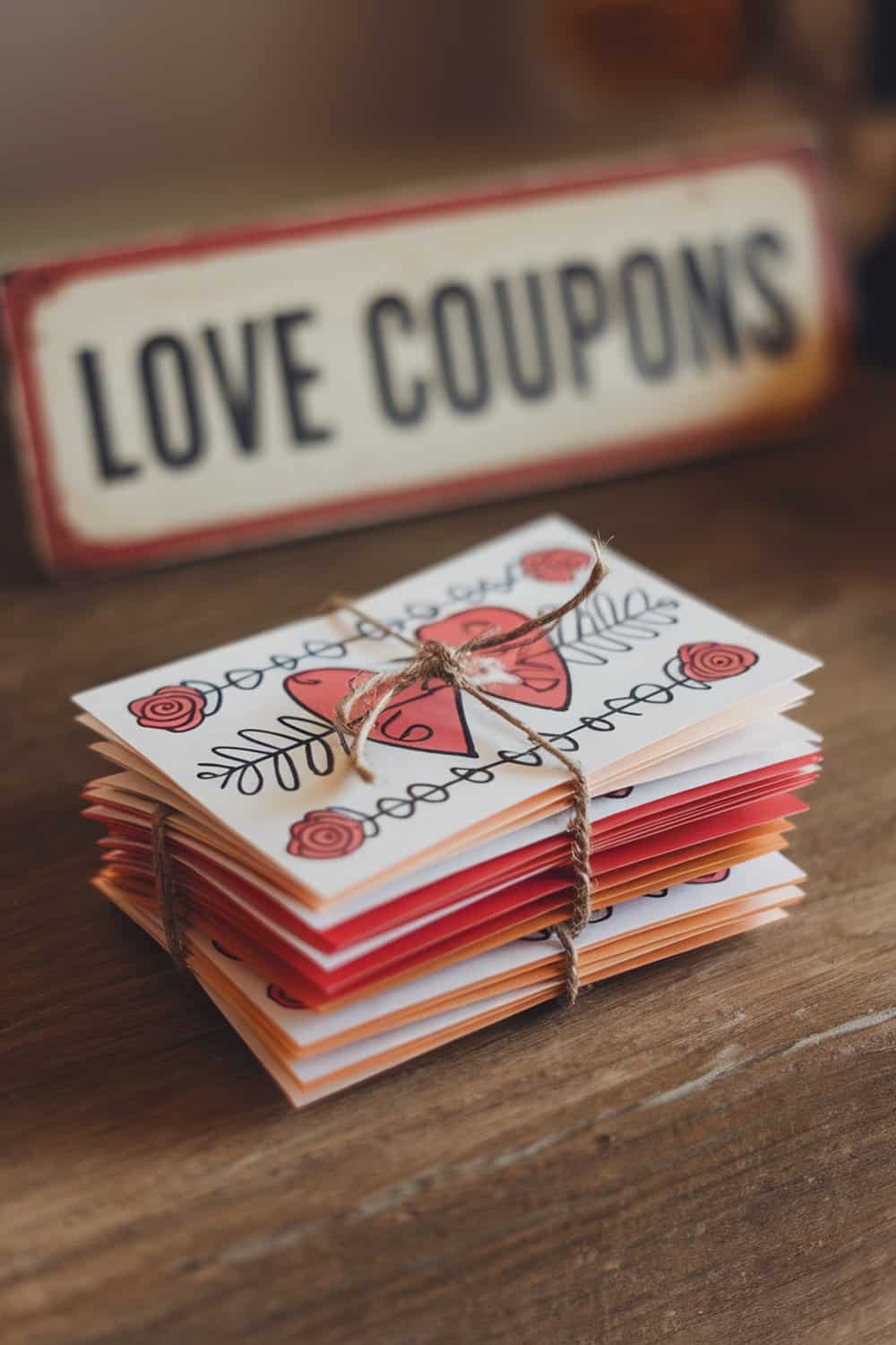 A stack of colorful love coupons tied with twine, with a sign that says 'LOVE COUPONS' in the background.