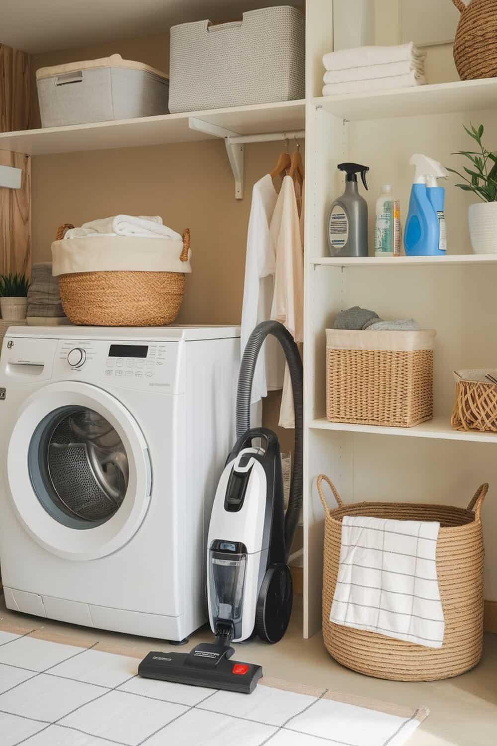 A clean laundry room with a vacuum cleaner, washing machine, and organized storage.