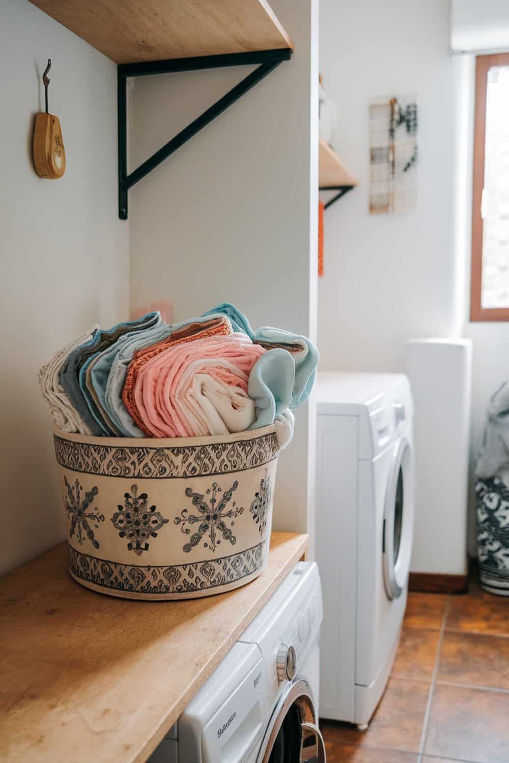 A decorative basket filled with neatly folded cleaning cloths, placed on a wooden shelf in a laundry room.