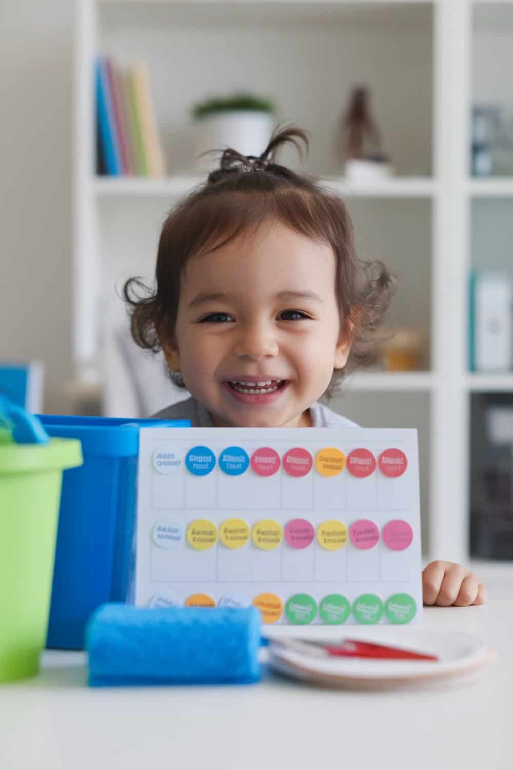 A smiling child holding a colorful cleaning reward chart with stickers.