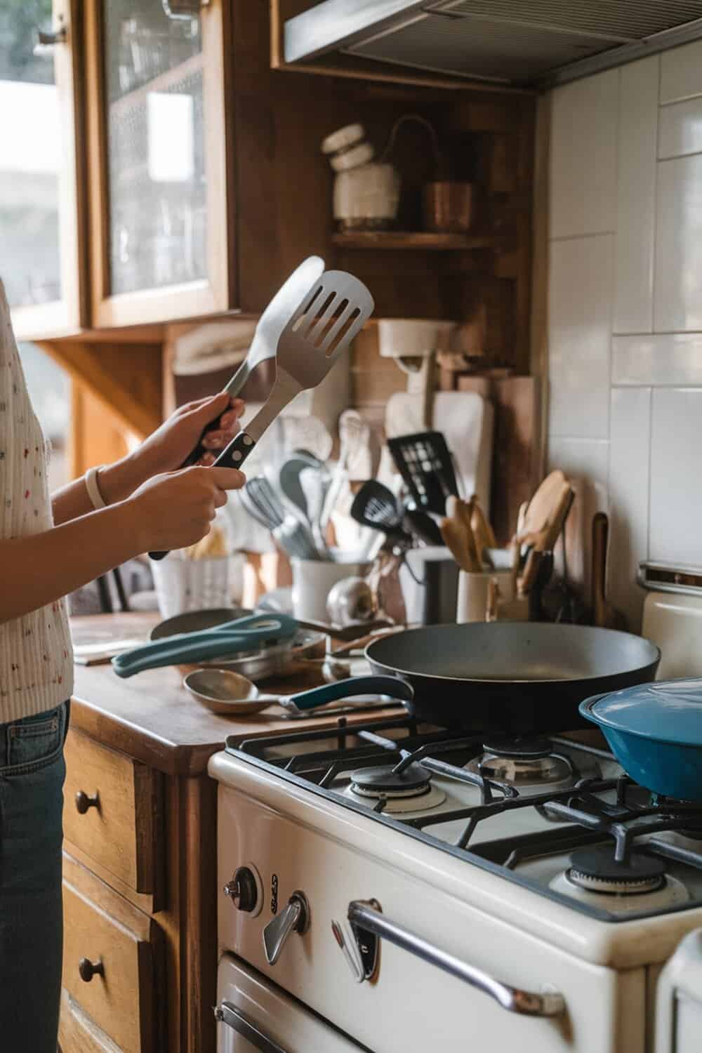 A person holding a spatula in a kitchen with various utensils and cookware.