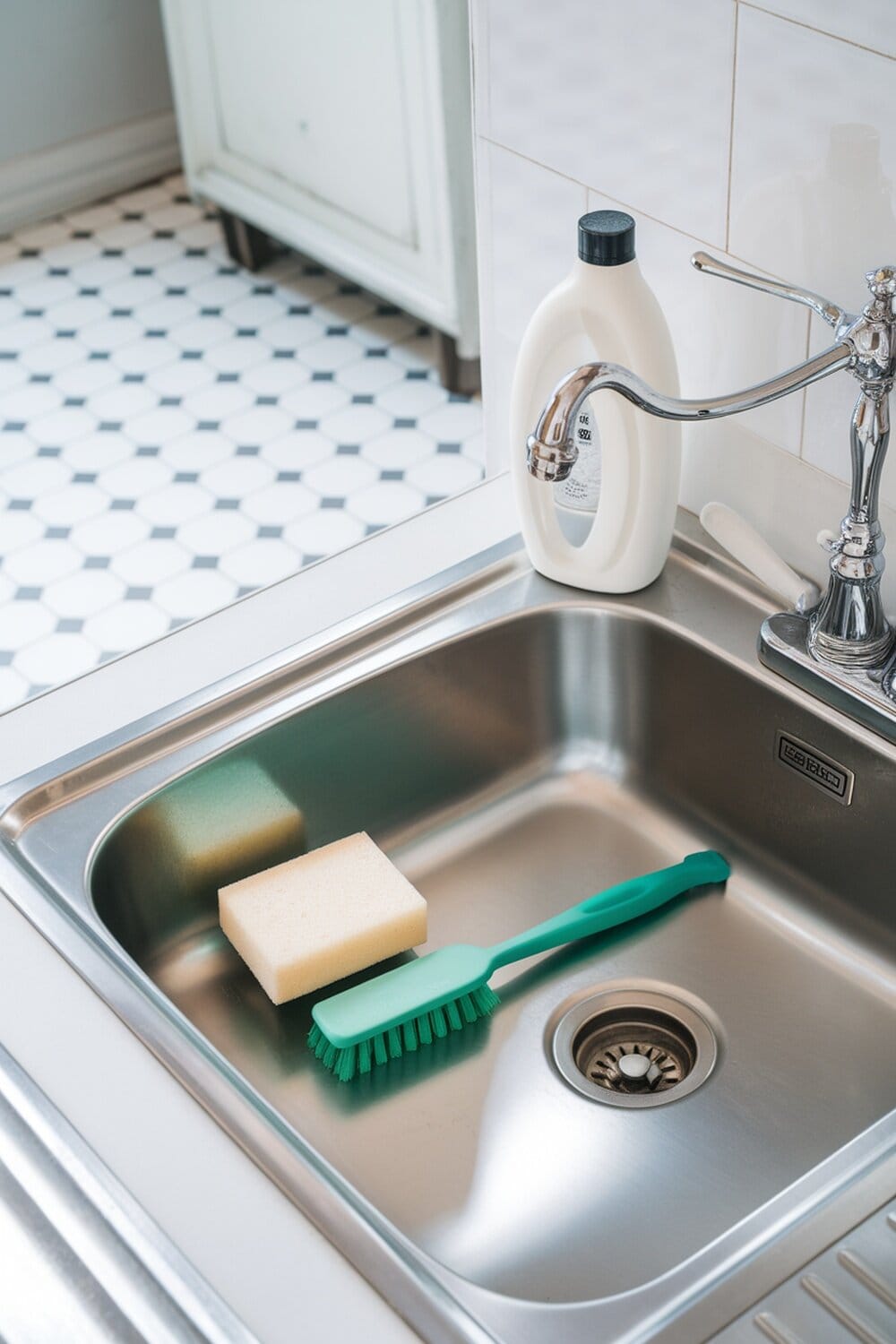 A clean kitchen sink with a sponge and brush ready for cleaning.
