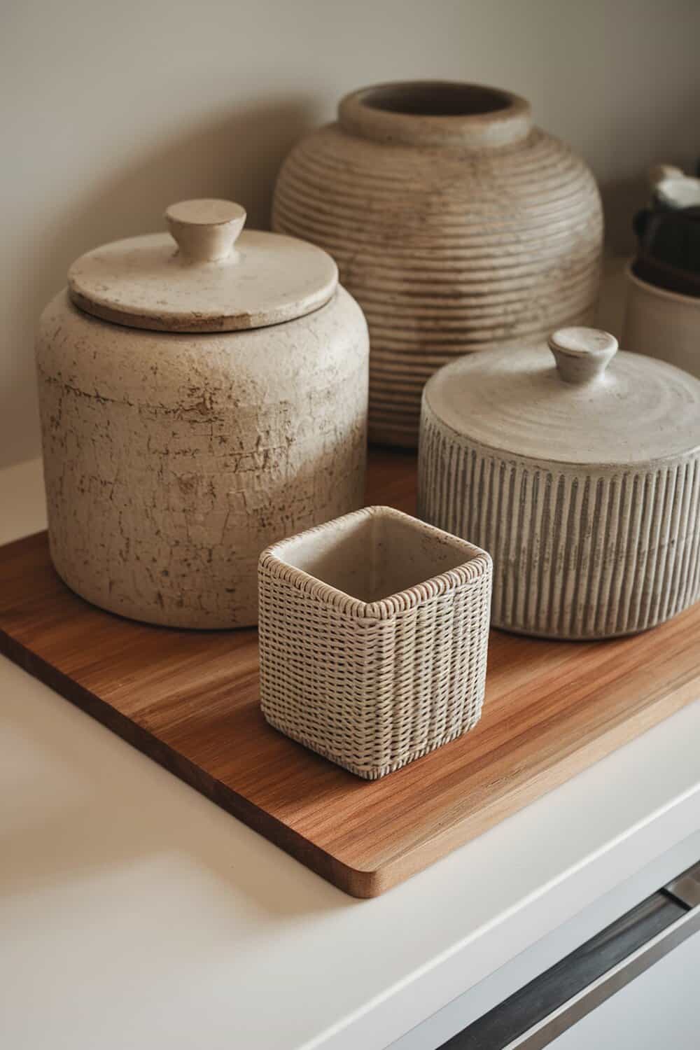 A collection of textured canisters on a wooden tray, showcasing various designs.