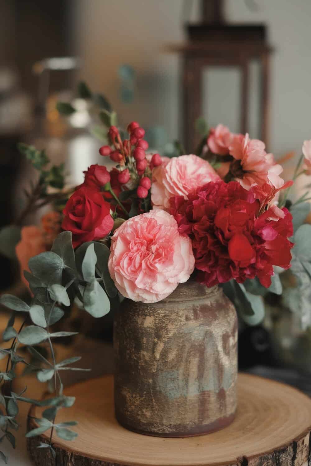 A beautiful floral centerpiece featuring pink and red flowers in a rustic vase.