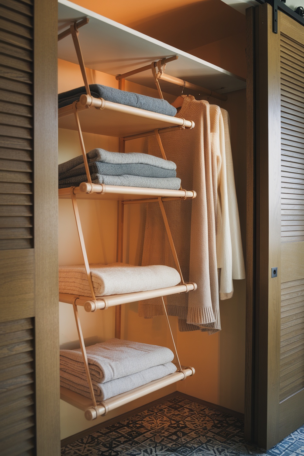 Sling shelves in a closet displaying neatly folded sweaters and hanging clothes.