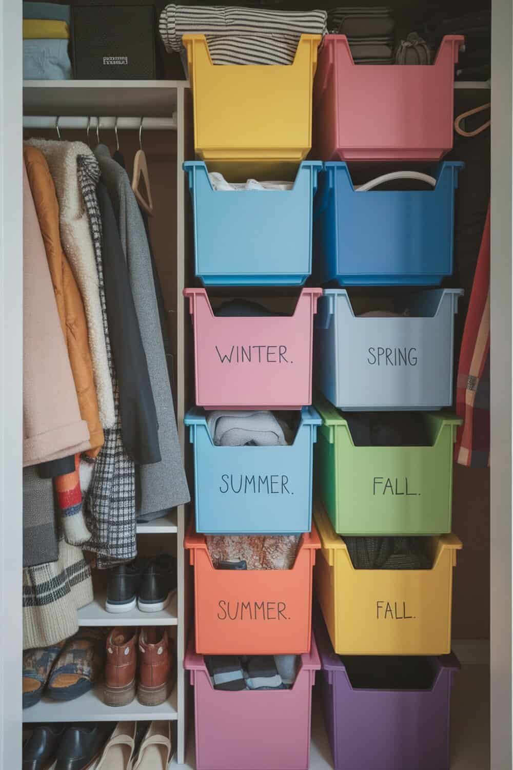 Colorful stackable bins labeled for each season in a closet.