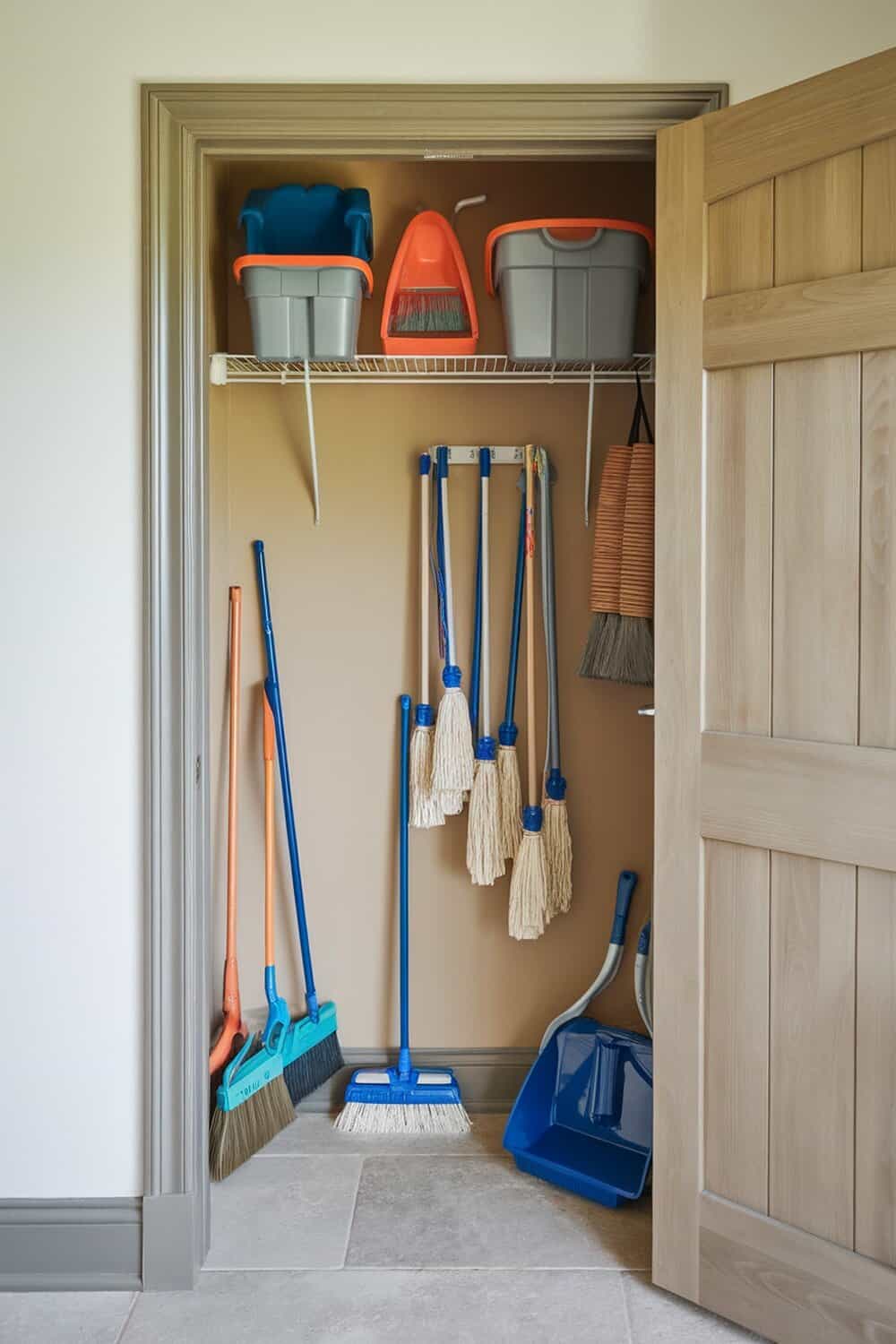 Utility closet with organized mops and cleaning tools.