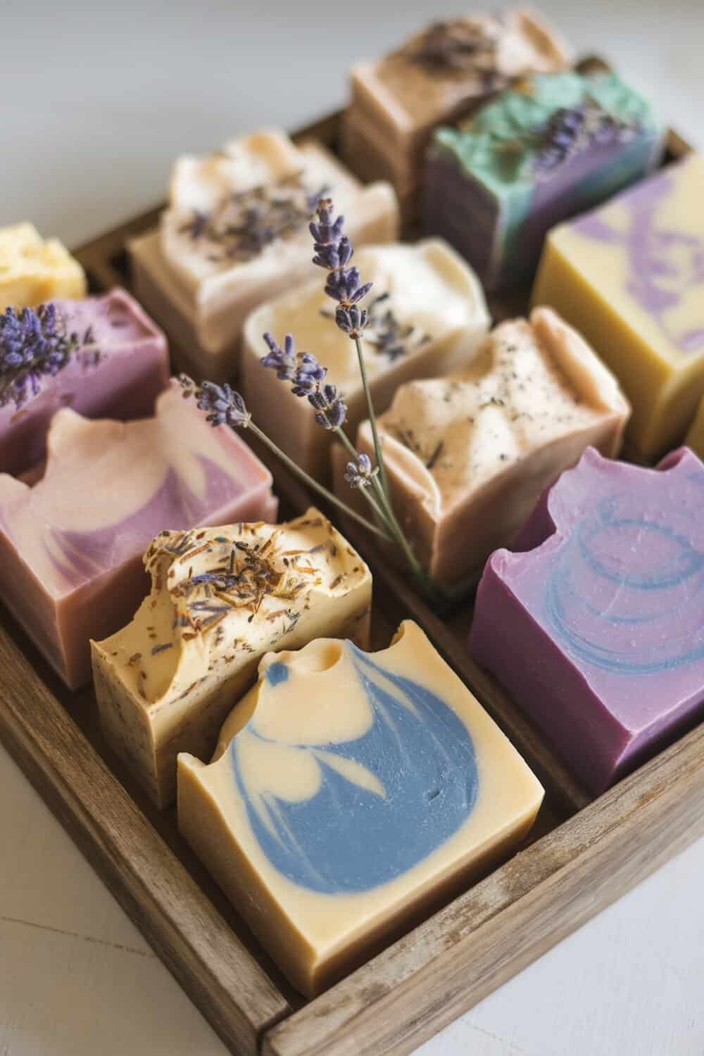 A variety of colorful handmade soaps arranged in a wooden tray with lavender sprigs.