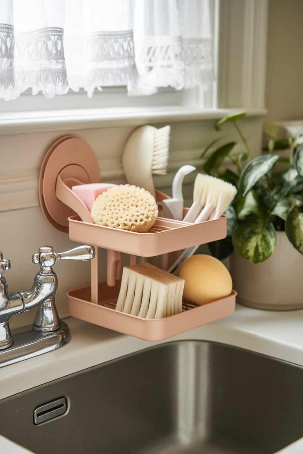 A sink caddy mounted near a kitchen sink, holding various cleaning tools.
