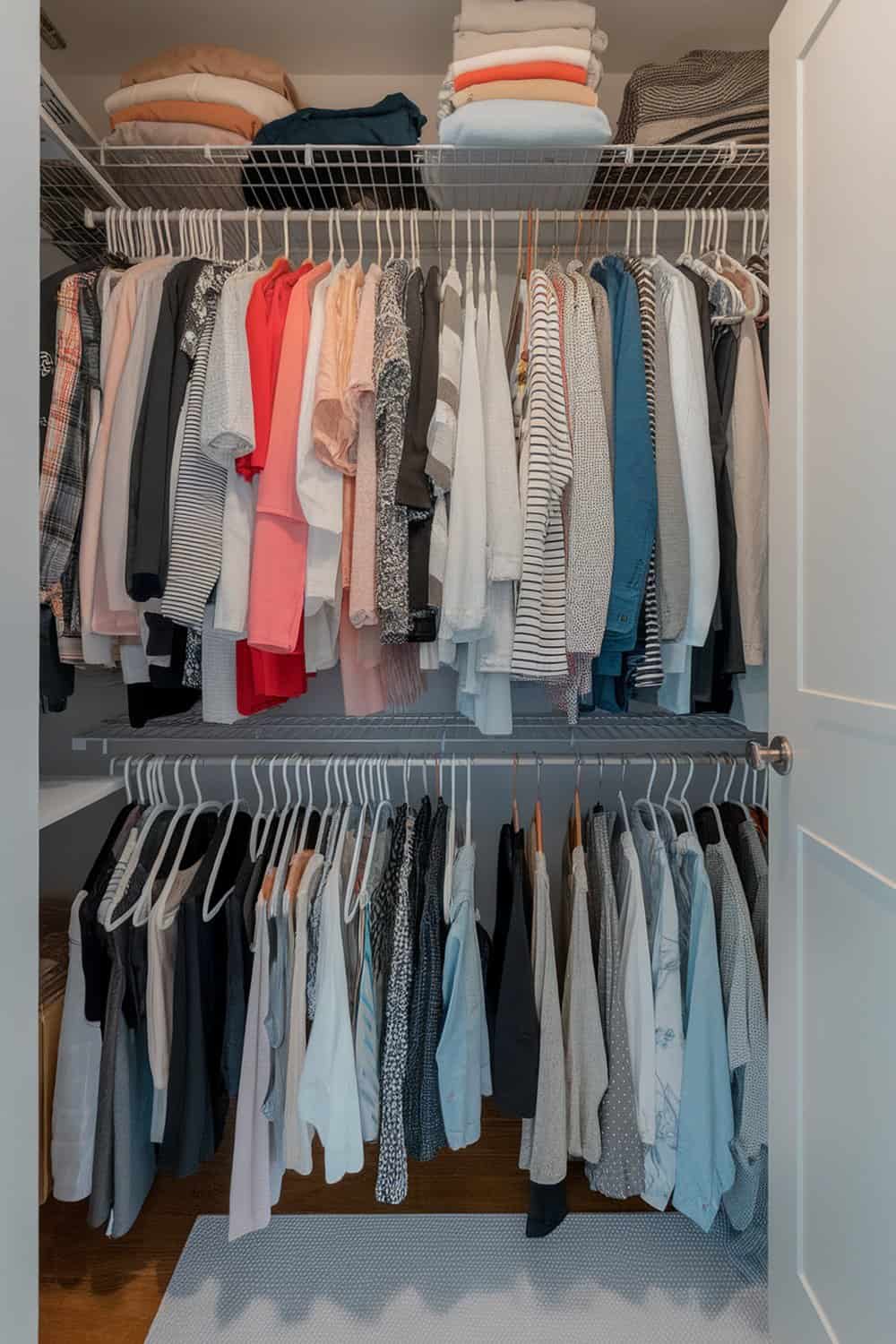 A well-organized closet with hanging rods displaying various clothing items.