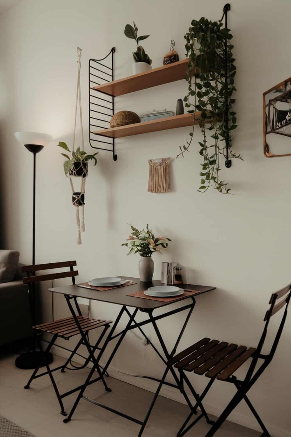 A cozy dining area featuring a foldable table and chairs, with plants and decor on the wall.