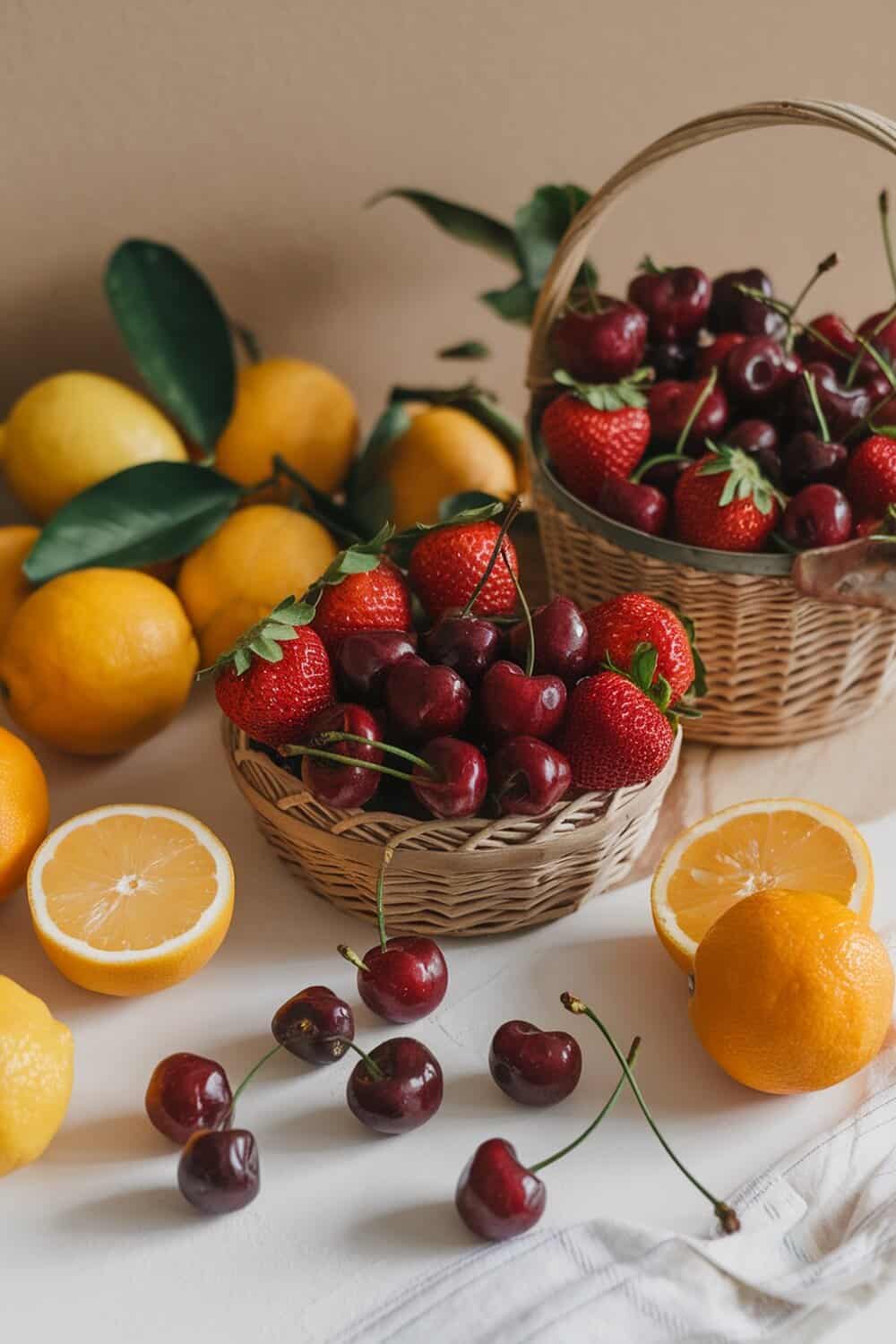 A colorful arrangement of strawberries, cherries, and lemons in baskets on a table.