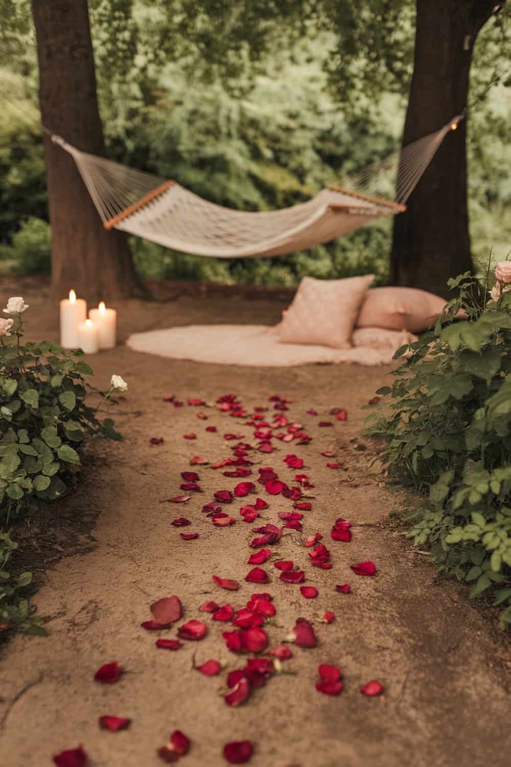A path of rose petals leading to a hammock surrounded by candles and cushions.