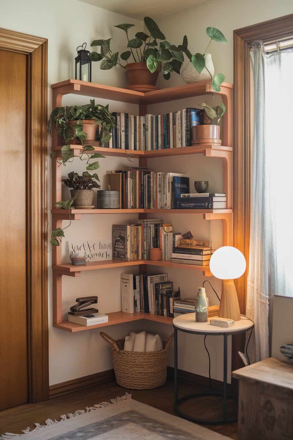 A cozy corner with shelves filled with books and plants, showcasing effective use of corner space for storage.