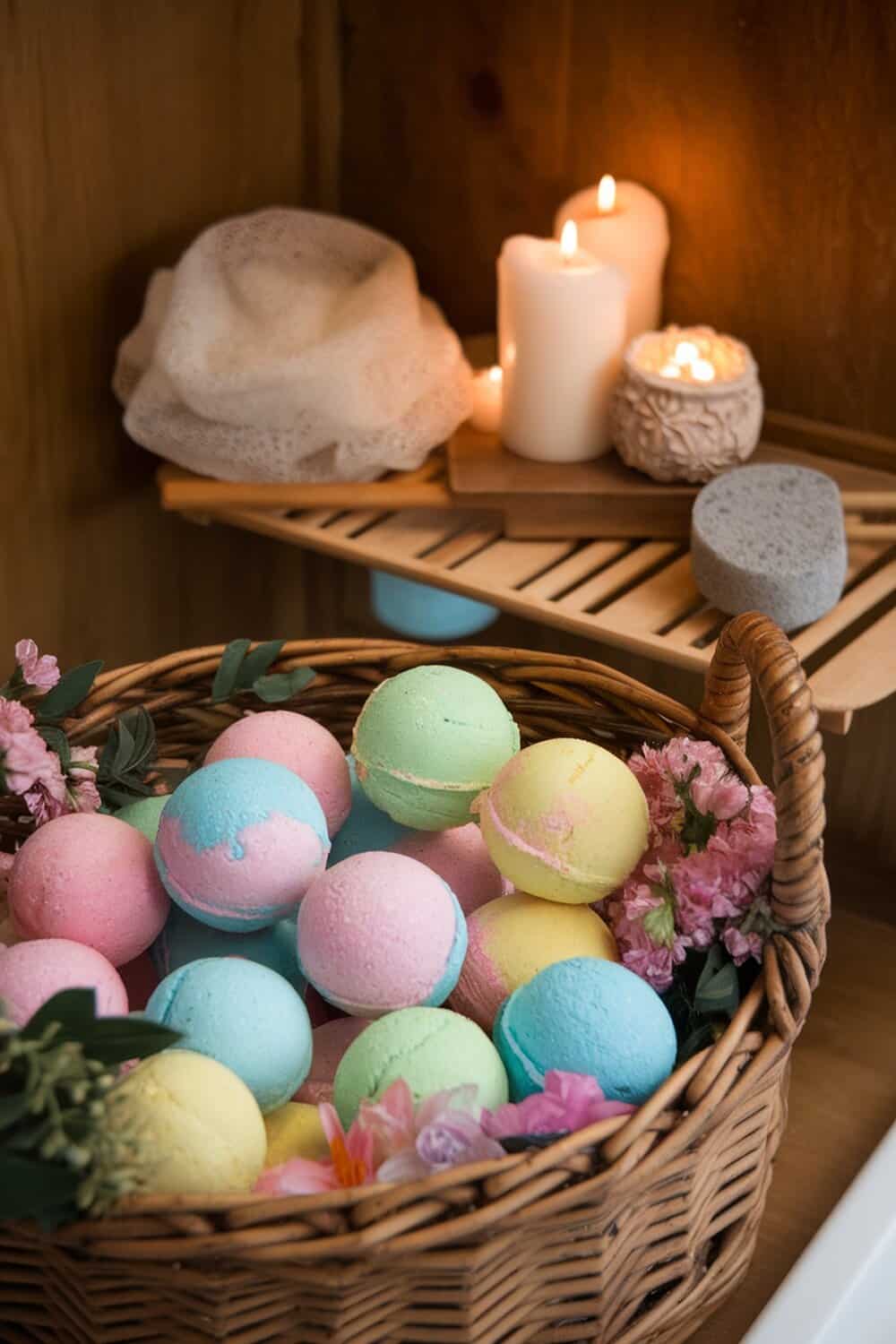 A basket filled with colorful DIY bath bombs surrounded by candles and a loofah.