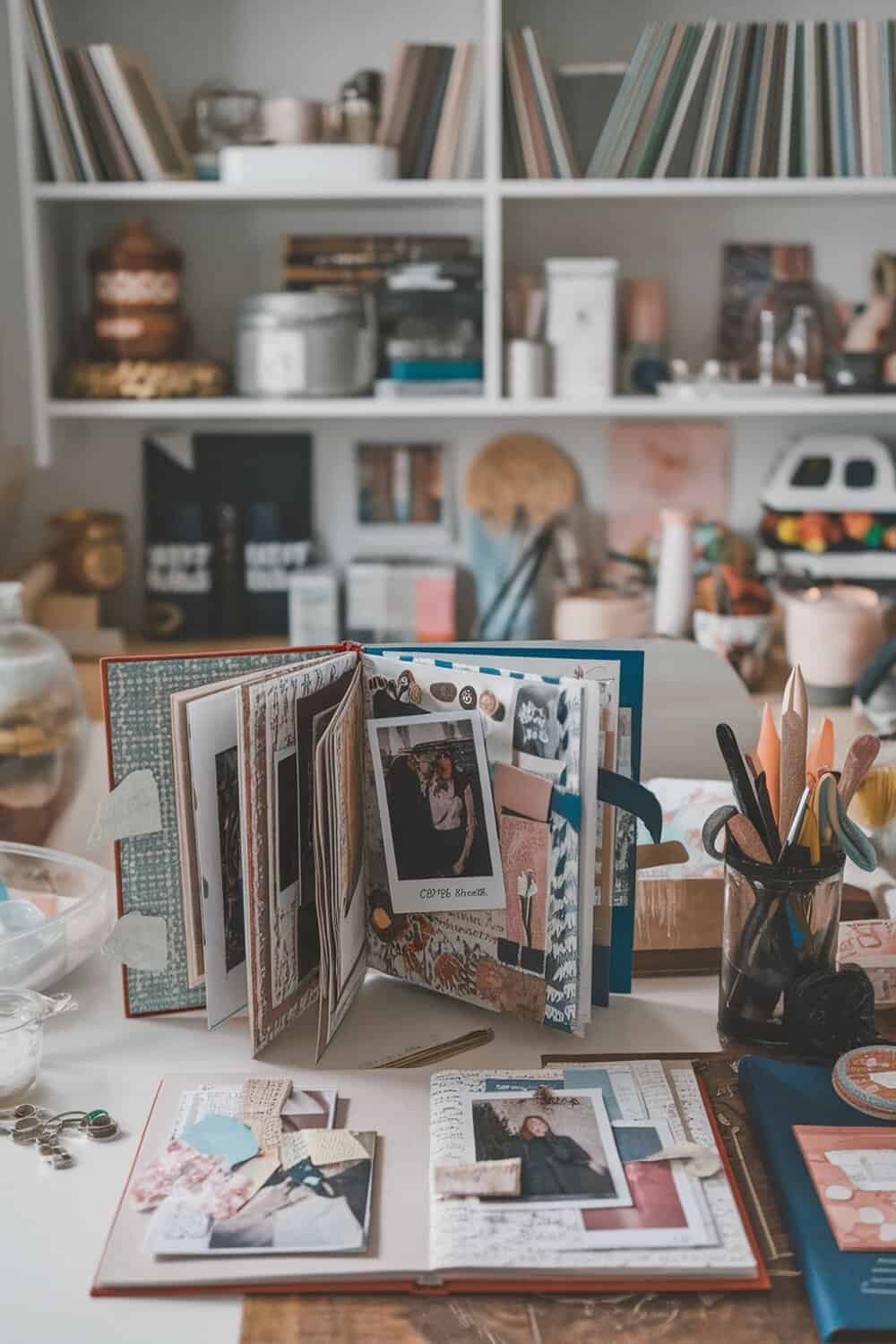 A colorful memory scrapbook open on a table, showcasing photos and decorations.