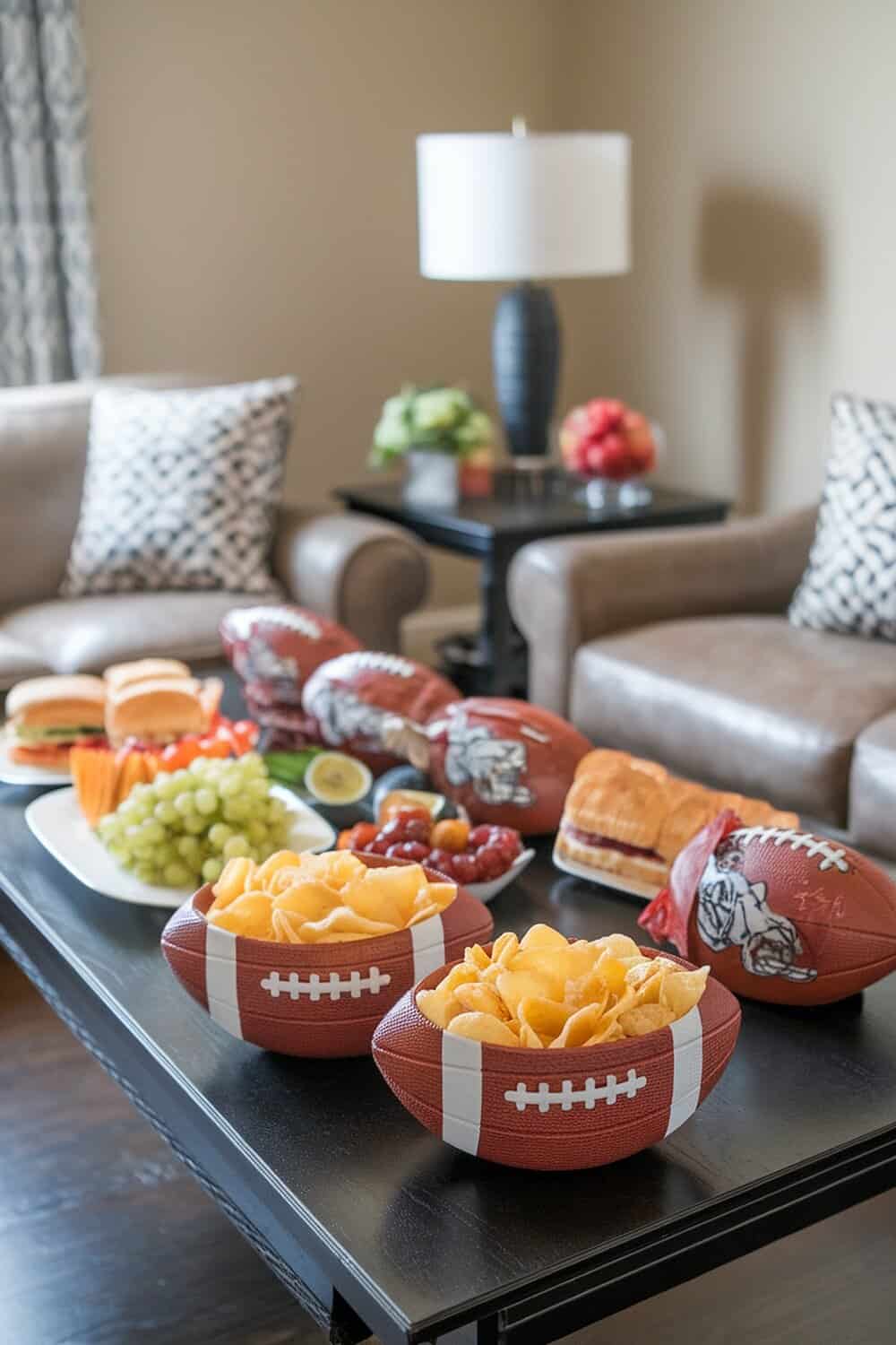 Football-themed snack bowls filled with chips on a table with various snacks for a football party.