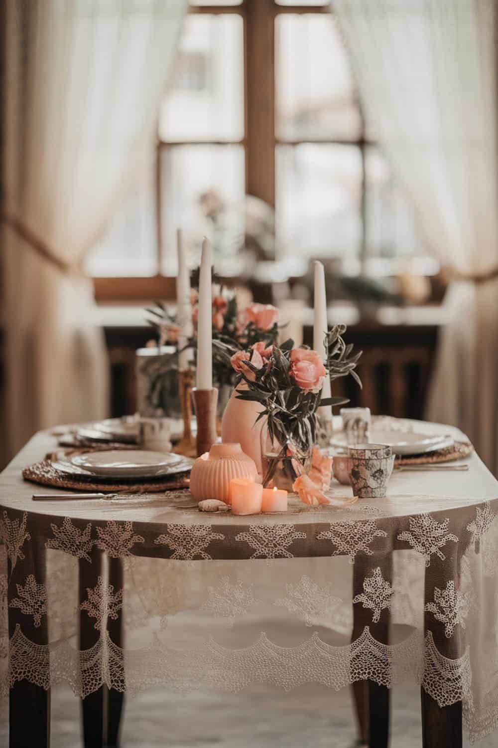 A beautifully set table with a lace overlay, candles, and floral arrangements.
