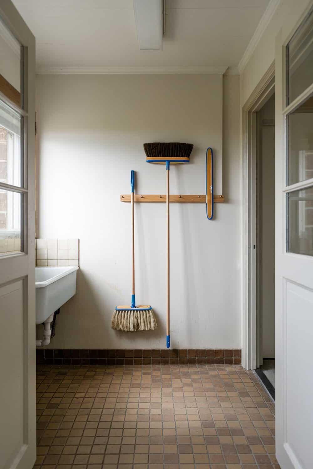 Mop and broom holder with hooks mounted on a wall, displaying cleaning tools neatly organized.