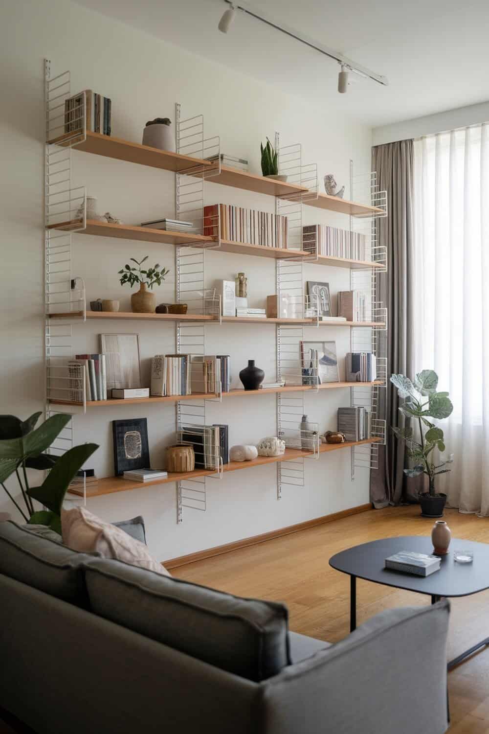 A modern living room featuring vertical wall shelves with books and decorative items.