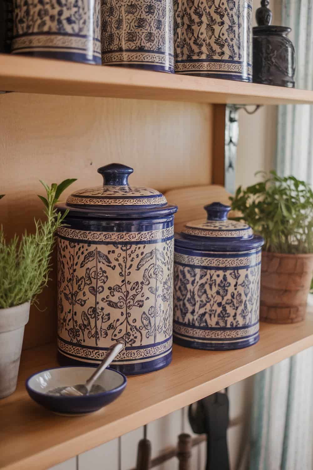 Ceramic canisters with decorative patterns on a wooden shelf, alongside a small plant.