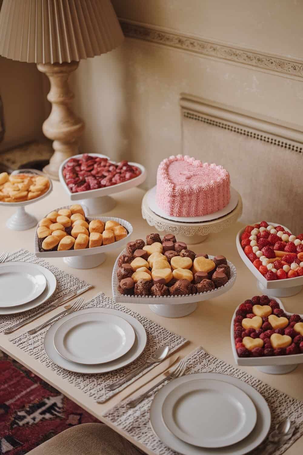 A table set with heart-shaped serving dishes filled with various treats and a pink cake.
