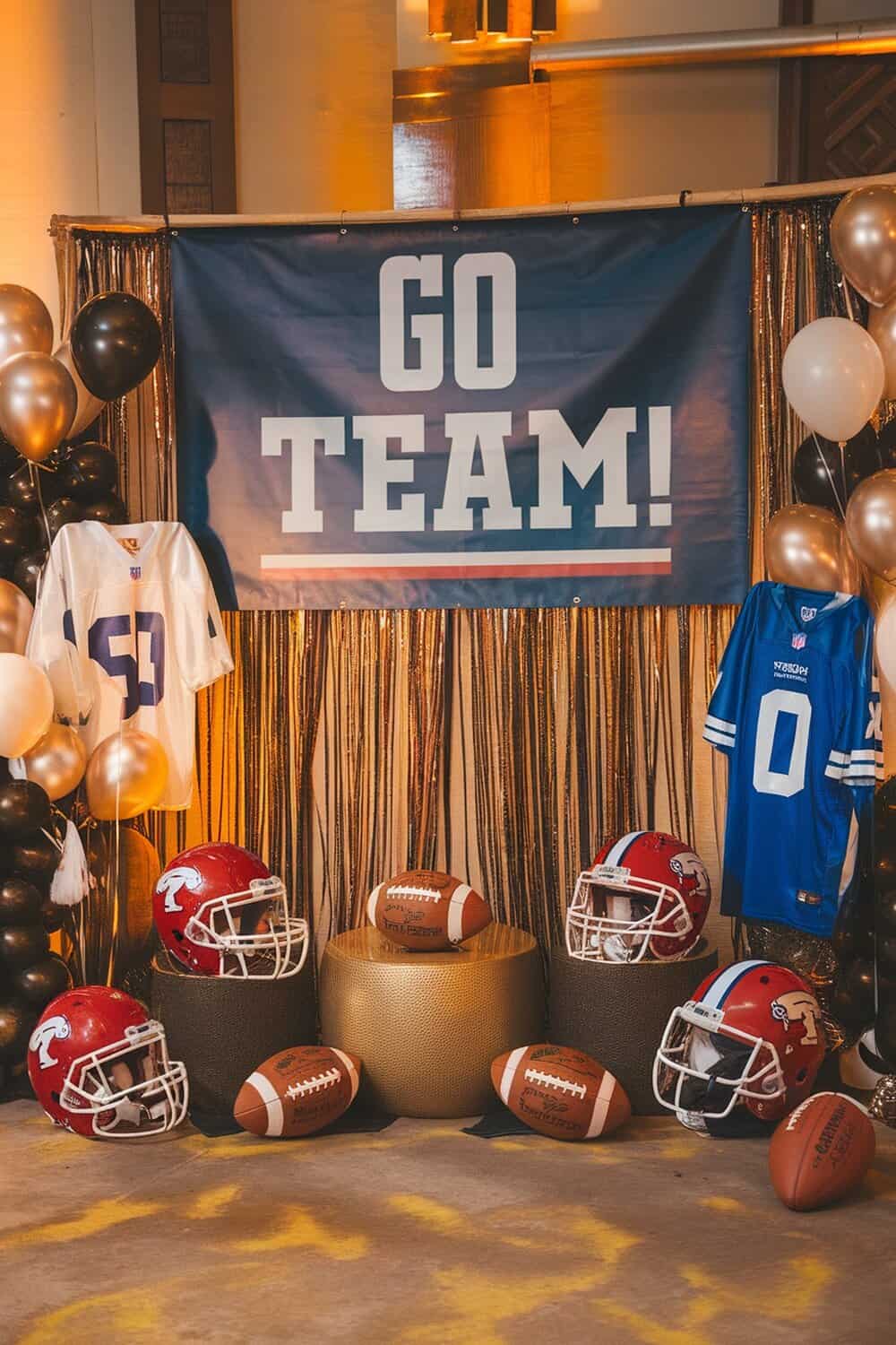 A festive halftime photo booth with team jerseys, helmets, footballs, and a 'GO TEAM!' banner.