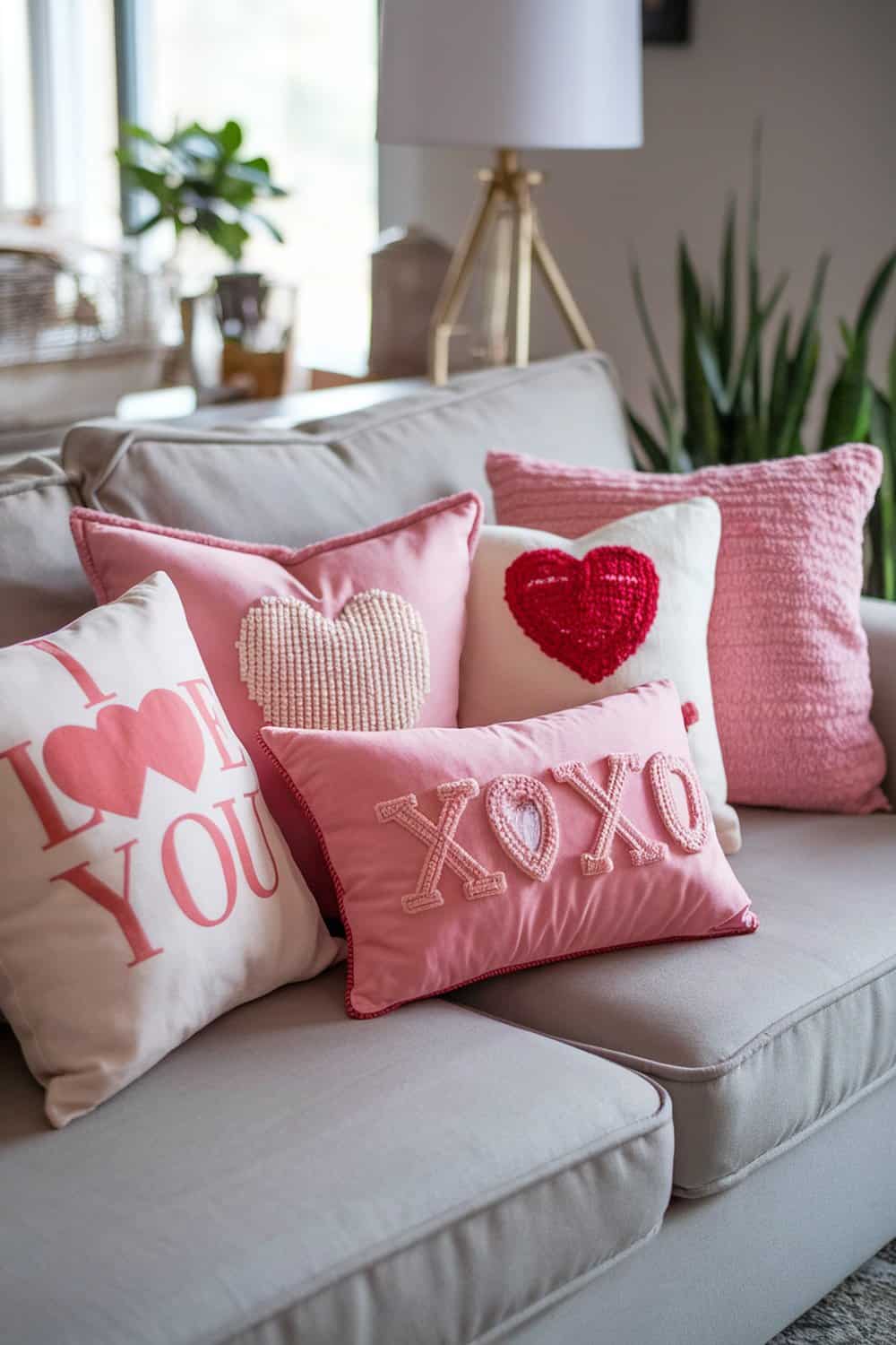 A collection of stylish love-themed throw pillows on a couch, featuring various heart designs and affectionate phrases.